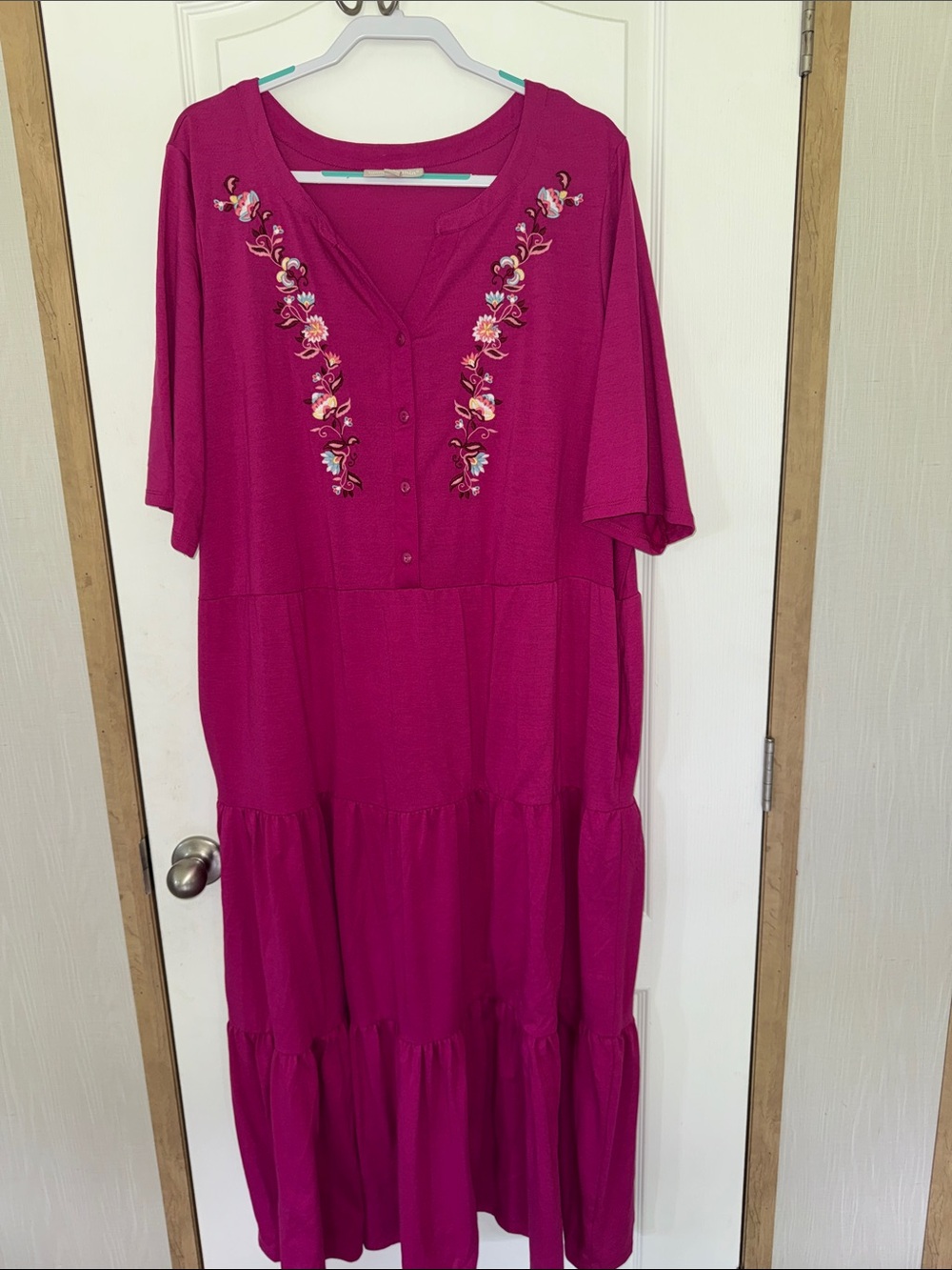 Woman Within Magenta Embroidered Tiered Maxi Dress